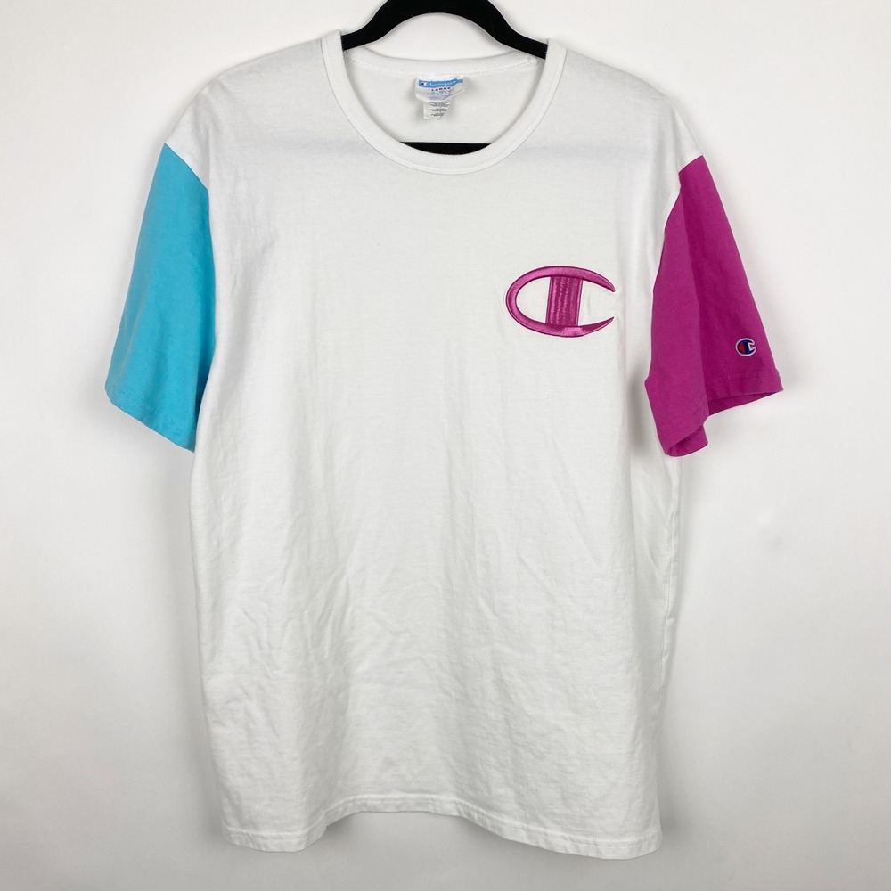 Champion Mens Colorblock T-Shirt White Turquoise Magenta Big Logo Size Large